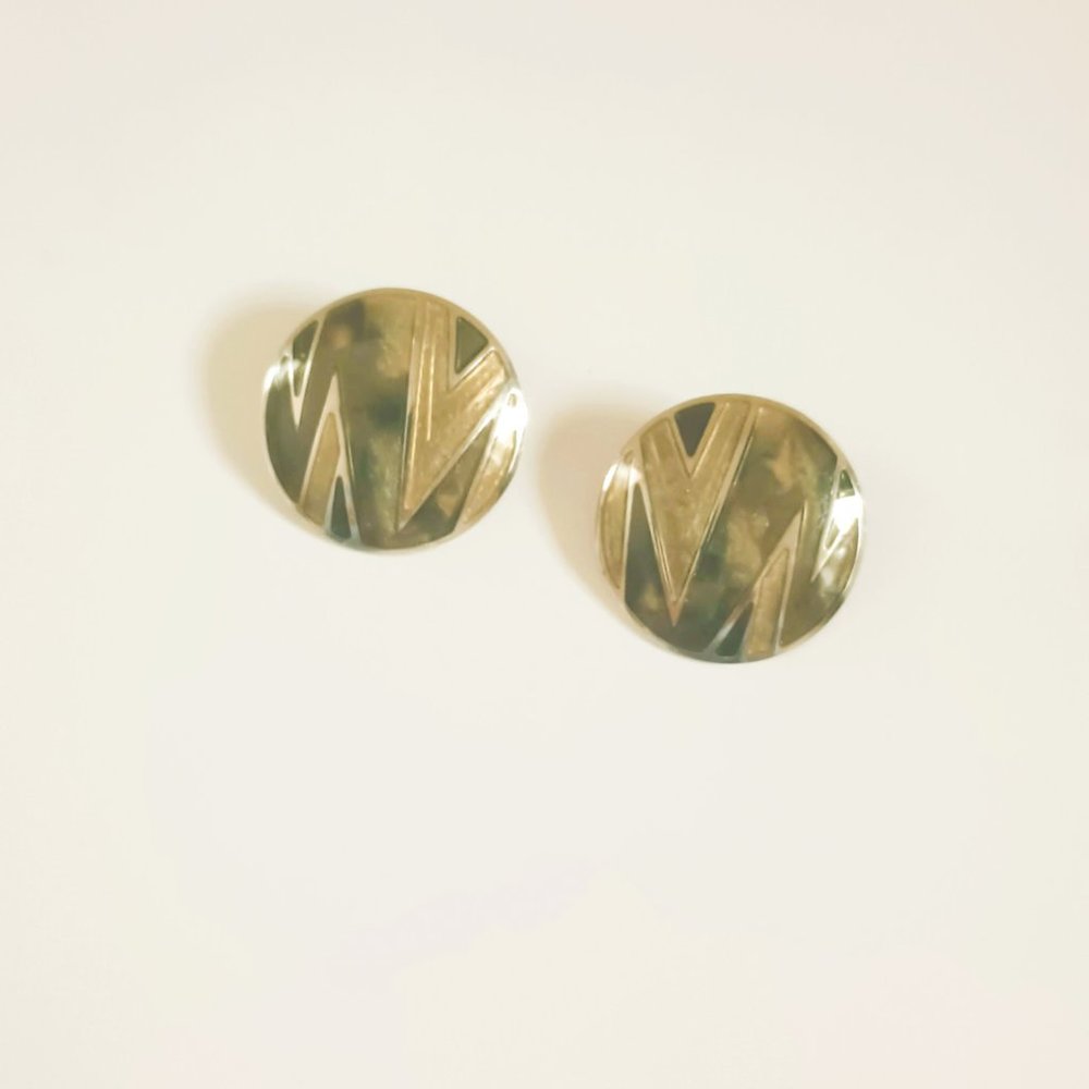 Edgar Berebi Inlaid Enamel Earrings Vintage Round Clip On Retro Silver Jewelry